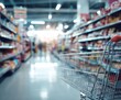 © CreativeUniverse - Shopping cart in supermarket. Blurred shelves in grocery store and trolley.