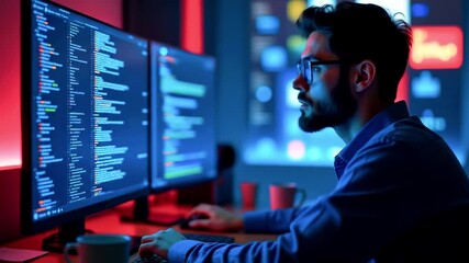 Focused programmer coding at dual monitors in a vibrant workspace with colorful digital displays