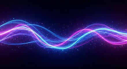 Canvas Print - Neon Blue and Pink Light Waves with Glittering Particles on Dark Background energy abstract