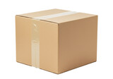 Isolated brown corrugated cardboard box with clear packing tape for shipping and storage