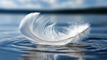 Wall Mural - delicate white feather floating gracefully on calm water surface, symbolizing peace and tranquility
