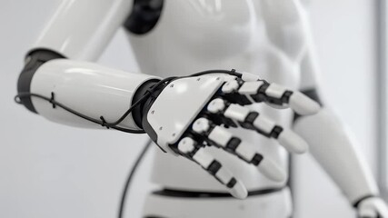 Close-up of a robotic hand with articulated fingers extended, showcasing intricate mechanical design and futuristic technology.