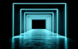 © fanjianhua - Neon lit rectangular tunnel with reflective floor creating futuristic ambiance