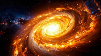 Wall Mural - Swirling orange galaxy with luminous core and cosmic dust, illuminated with bright nebulae and distant stars in vast universe.