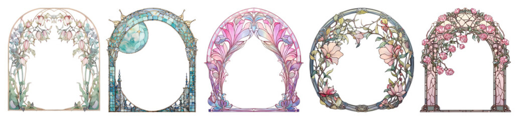 Wall Mural - PNG Elegant floral stained glass frames, element set on transparent background