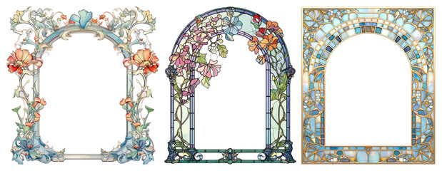 Wall Mural - PNG Elegant floral stained glass frames, element set on transparent background