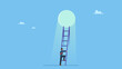 © Saklarboy - Businessman climb up ladder to light shining way out. Hopefulness motivation to solve problem, challenge to overcome difficulty or courage to escape for freedom, hope to overcome fear.