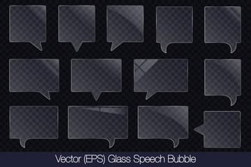 Realistic 3D transparent glass speech bubble in square and rectangle shape with glare, flat glass or plastic plate, flat transparent glass lens, realistic screen glass, window mockup