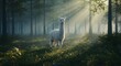 © Galina Petrova - White alpaca standing in forest with sun rays at sunrise