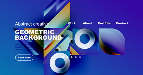Wall Mural - Modern website mockup displays vibrant geometric design. Blue, purple hues dominate layout with text elements, navigation options.