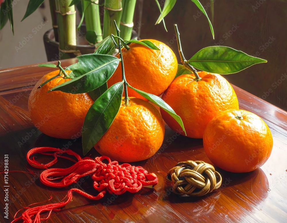 Nine Oranges Symbolic arrangement of mandarin oranges, bamboo plants and lucky knots ...