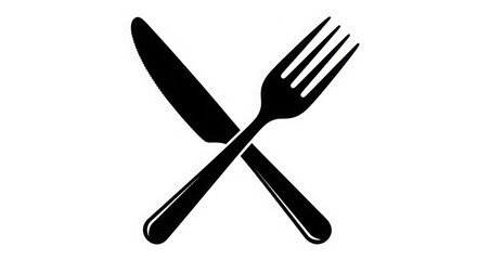A black and white image showing a knife and fork crossed on a white background in a simple design