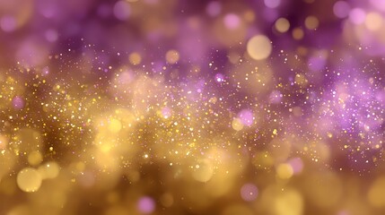 Wall Mural - Abstract warm golden bokeh texture with tiny violet sparkles in soft dreamy celebration background