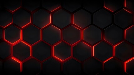 Wall Mural - dark abstract background with 3d hexagon honeycomb pattern and glowing red neon edges, seamless tile