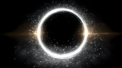 Intense white light ring forming in a black space background with glowing particles suggesting a celestial event or wormhole opening