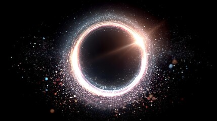Wall Mural - Luminous energy ring in radiant white with shimmering aura and galactic particles scattered around, centered on a pitch-black backdrop