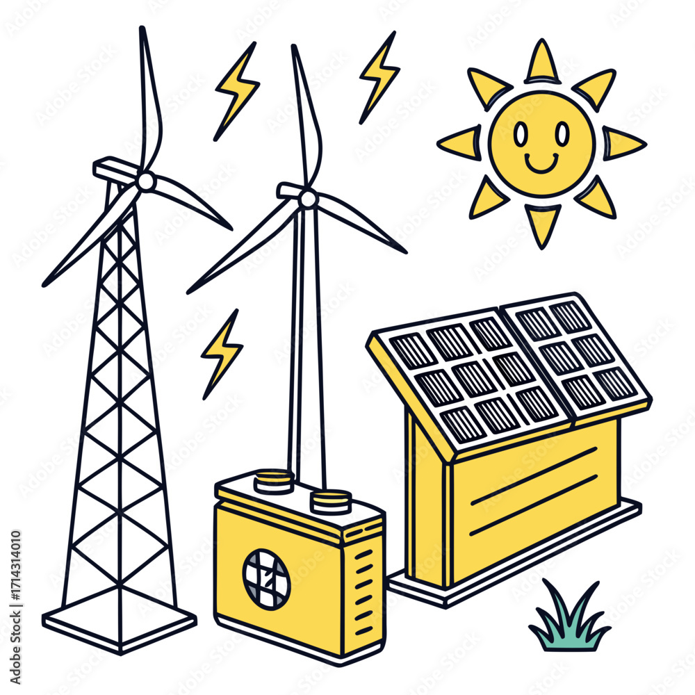 Illustration of renewable energy setup with wind turbines, solar panel
