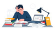 © Digitraz - A young man feels completely overwhelmed and exhausted while intensely studying at his cluttered desk, struggling with academic pressure and burnout.