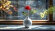 © Aiman Nabeel - Minimalist white porcelain vase holding a single red rose elegantly displayed on a sleek countertop with natural light streaming in creating a serene and sophisticated look