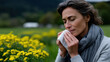 © Milos - A woman looks serene while using a tissue in a vibrant flower field, capturing the essence of spring and the challenges of seasonal allergies impacting our emotions.