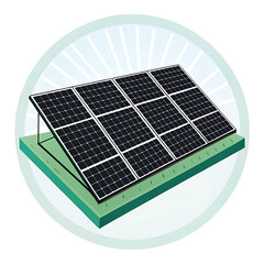 Illustration of a solar panel array on a green surface with sun rays