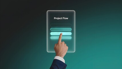 Wall Mural - A man interacts with a digital interface labeled Project Flow. This image captures the essence of progress and future-oriented planning in business and technology.