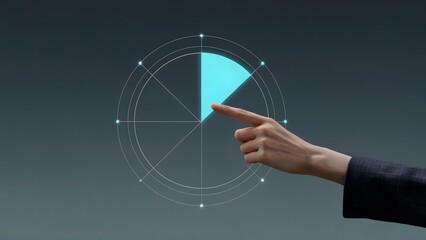 Wall Mural - A person's hand indicates progress by touching on the pie chart, visually representing percentage. Ideal for illustrating business concepts, project timelines, or data analysis. 