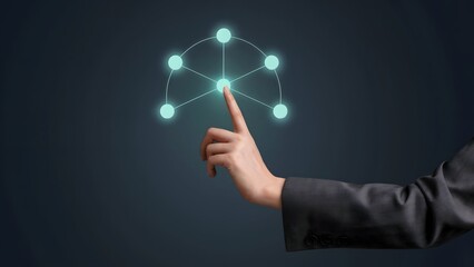 Wall Mural - A person's finger touching an interconnected network of glowing nodes, a striking visual metaphor for communication.