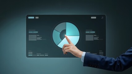 Wall Mural - A man in a business suit points at a financial pie chart on a modern digital interface, symbolizing analysis and business strategy.