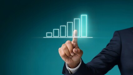 Wall Mural - A close-up shot showcases a business person's hand interacting with a bright digital growth chart, indicating success, innovation, and forward thinking.