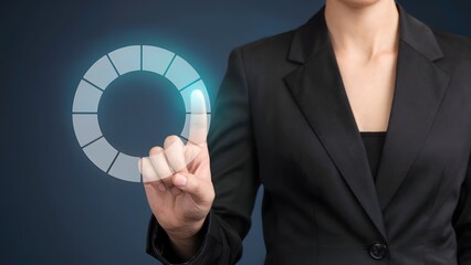 Wall Mural - A professional woman in a business suit interacts with a glowing digital interface, touching a screen. Highlighting innovation and the use of modern technology.