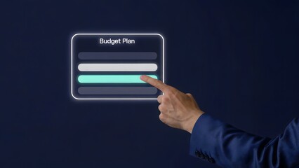 Wall Mural - A person's finger interacting with a futuristic interactive screen displaying financial planning options, showcasing concepts like finance, digital transformation, and technological innovation.
