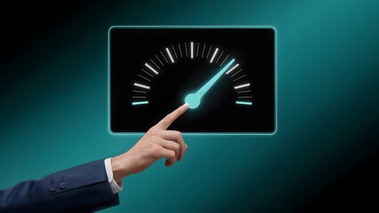 Wall Mural - A businessperson's finger interacting with a virtual speedometer, symbolizing the power of speed, efficiency, and success within a business context. 