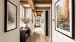 © Marry93 - A rustic-modern hallway, natural wood textures, exposed beams, minimalist artwork in fall hues, neutral wall, copy space