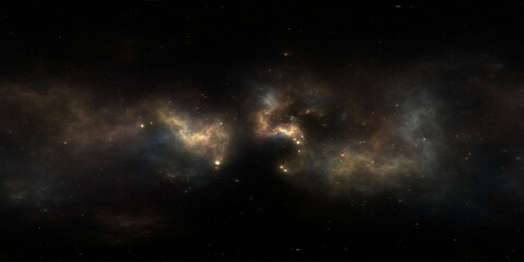 Wall Mural - 360 degree space nebula. Giant interstellar cloud with stars, equirectangular projection, environment map. Spherical panorama. 3D rendering, Fractal image