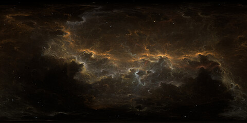 Wall Mural - 360 degree space nebula. Giant interstellar cloud with stars, equirectangular projection, environment map. Spherical panorama. 3D rendering, Fractal image