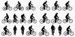 © Adji - Set of black silhouettes showing diverse people riding bicycles from multiple perspectives, including side profiles, front, and rear views.