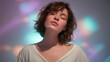 © K4VEE - A peaceful portrait of a woman with her eyes closed, basking in soft, colorful, and dreamy bokeh light against a blurred background