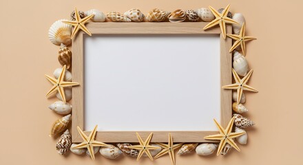 beach frame with seashells and starfish, blank space for text