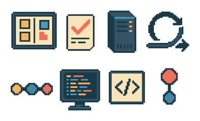 Software development flat icons set. featuring planning, testing, server, agile, code, development cycle
