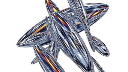 Wall Mural - A captivating abstract animation features a dynamic interplay of sleek, reflective metallic shapes intertwining and rotating gracefully against a clean white background. The polished surfaces shimmer 