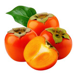  persimmon fruits with leaf isolated on white or transparent