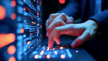 Close-up of hands typing on a futuristic keyboard with glowing data streams in a dark environment