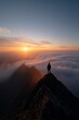 © Alex Photography - Silhouette of a hiker standing on a mountain peak, overlooking a sunrise-filled cloudscape, symbolizing adventure and tranquility.