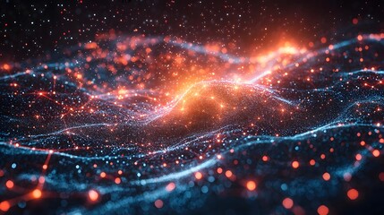 Wall Mural - vibrant abstract digital network with glowing particles and luminous data streams symbolizing global