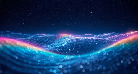 Wall Mural - Silver metallic grid over deep navy surface with holographic rainbow reflections shifting across angular intersections