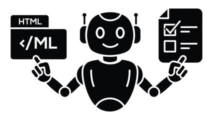 robot pointing to html code and checklist isolated on white background