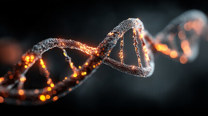 Deoxyribonucleic acid strand spirals with orange illumination on a dark, blurred background