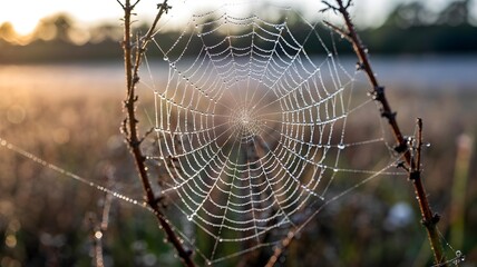 Dew drops on a delicate spider web in the early morning sunlight, highlighting intricate patterns and natural beauty in a field at sunrise