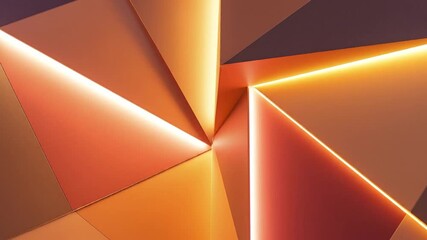 Wall Mural - An abstract and dynamic geometric background features intersecting planes bathed in warm, glowing light. Sharp angles and polygonal shapes are highlighted by luminous lines of bright orange and white,